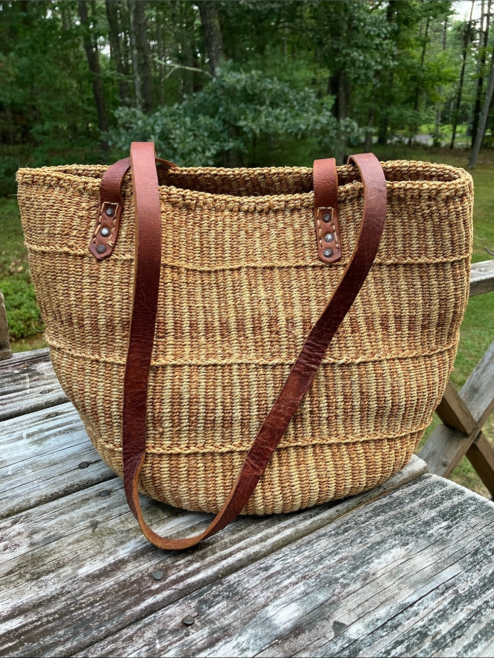 Vintage French Market Bag Sisal Straw Tote Leather Straps
